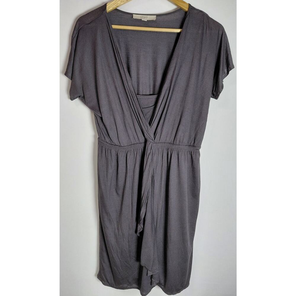 LOFT Gray Wrap Dress Solid Knit Knee Length Short Sleeve Women Size S